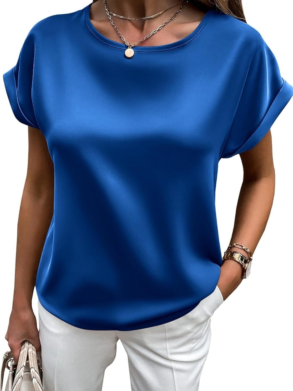 Satin Short-Sleeve Crewneck Top in Blue Womens XXL - Picture 3 of 5